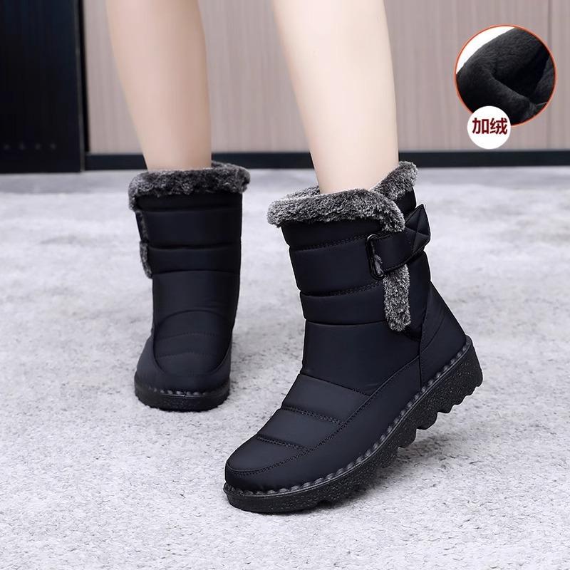 2025 neue Schneestiefel Damen verdicktes Samt rutschfest flache Baumwollschuhe wasserdichte Lederoberfläche Mittelalter und ältere Mutterschuhe