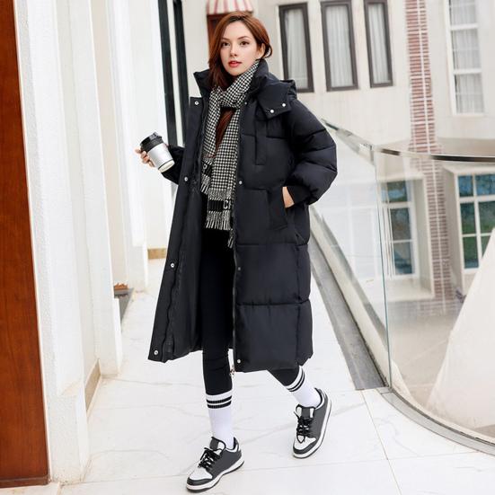 Long Puffer Jacket for Women Thicken Warm Quilted Hooded Coat Zip Up Full Length Down Coat Winter Outerwear