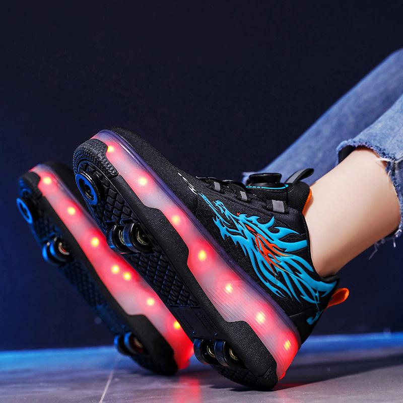 Children's Roller Skates Removable Flat Charging LED Four Wheels Glowing Sports Shoes Pink Women's Glowing Sneakers