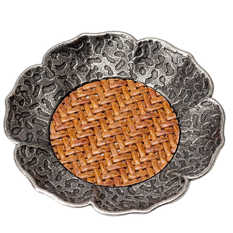 Chinese Lotus Hammered Alloy Rattan Coaster