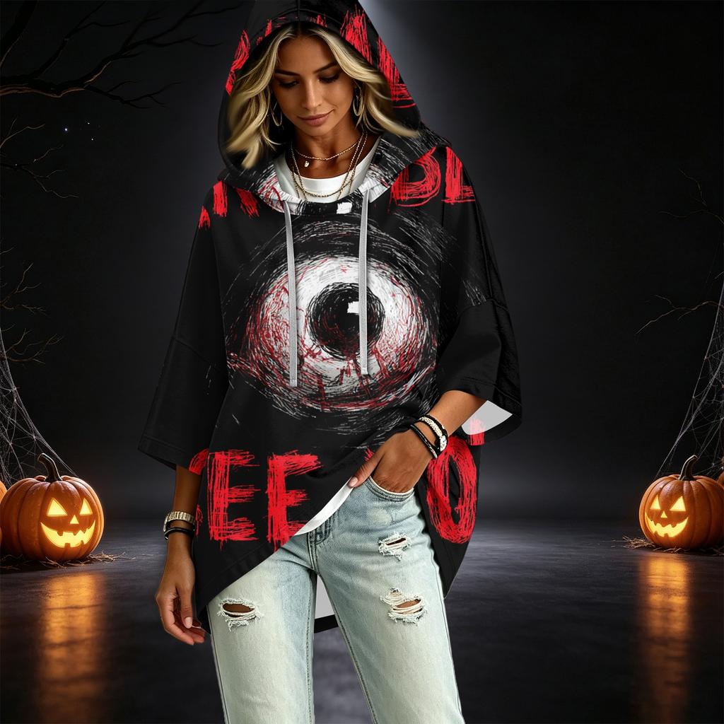 Women's Casual Halloween Print Three-Quarter Sleeve Hooded Pullover Top