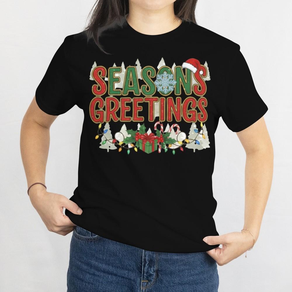 Seasons Greetings Holiday Merry Christmas Festive Wreath Holly and Santa Hat Tee
