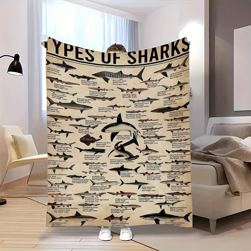 Educational Shark Species Art Blanket - Marine Life Illustration with Scientific Names All-Season Throw for Sofa, Bed & Office