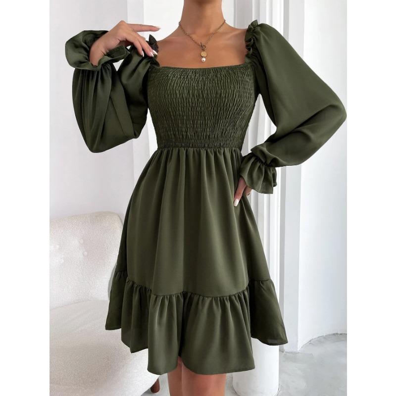 Women European Style Square Neck Ruffle Hem Long Sleeve Loose Casual Dress