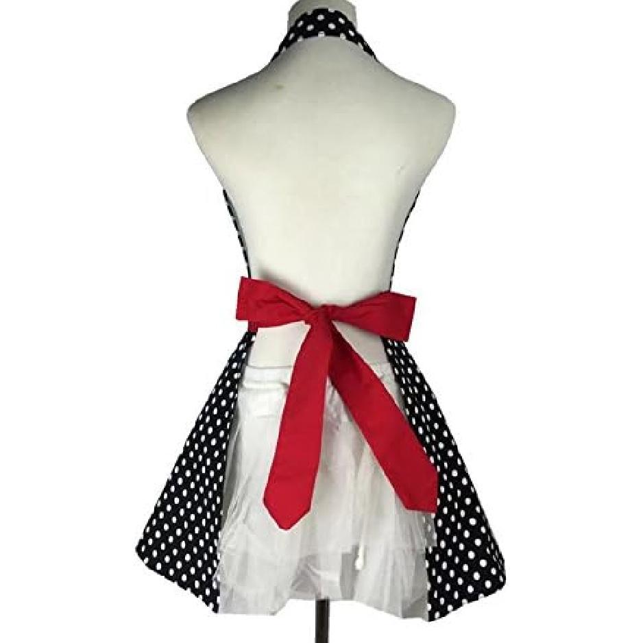 Hyzrz Lovely Retro Aprons for Women Cute Adjustable Cotton Sexy V-Necked Polka Dot Apron Classic Big Wave (Small Black Polka Dot)