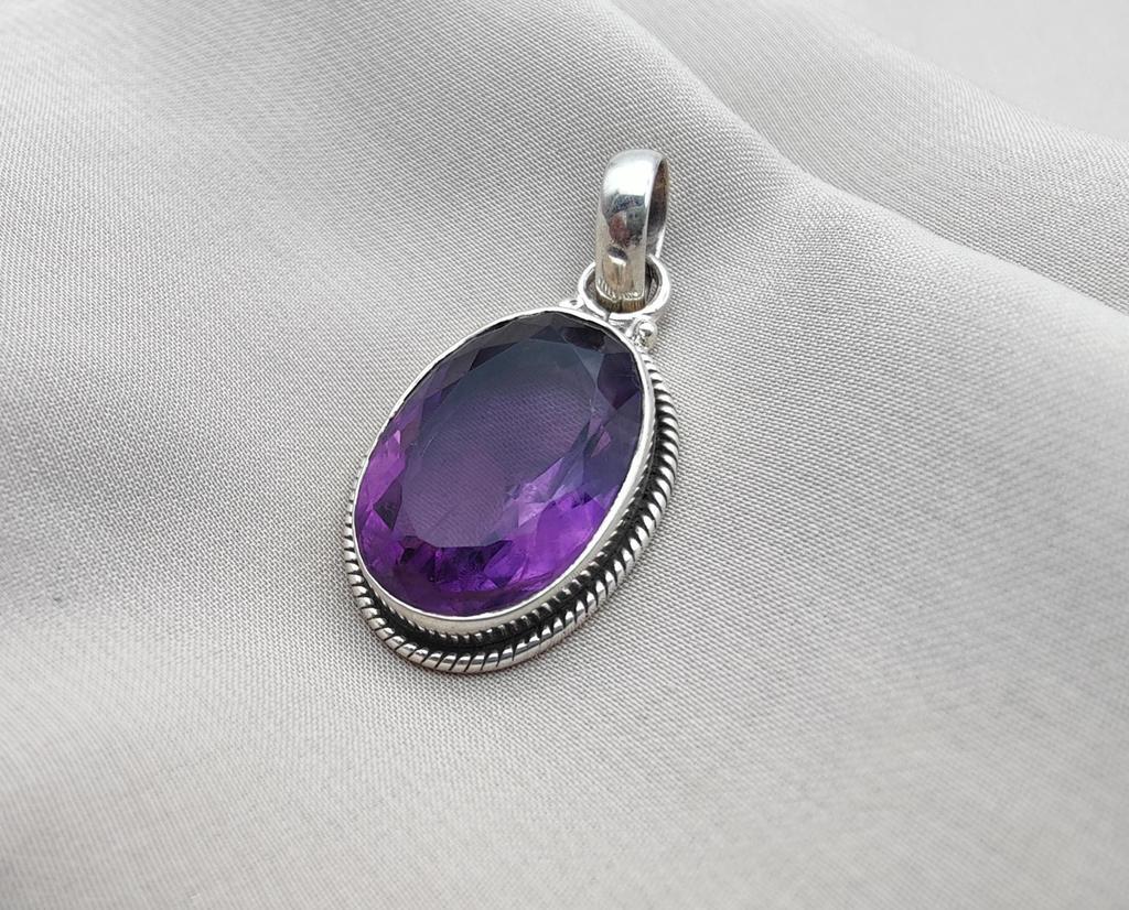 Natural Amethyst Cut Silver Pendant 925 Sterling Purple Gemstone Necklace Handmade February Birthstone Jewelry Gift for Her