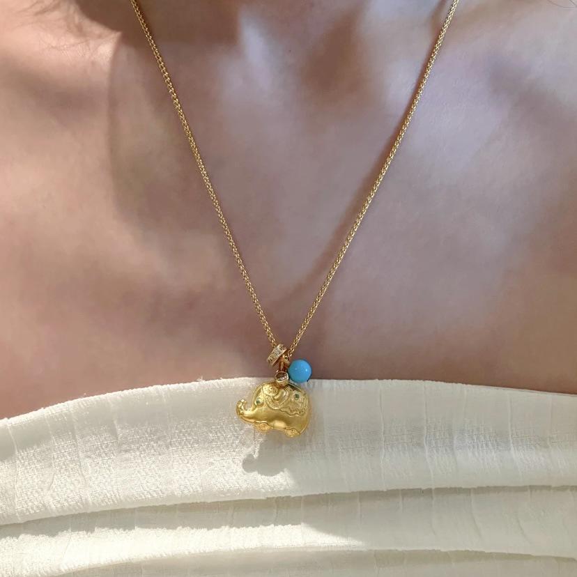 Gold-Plated Elephant Pendant with Rhinestones - Chinese Style Ruyi Pine Necklace