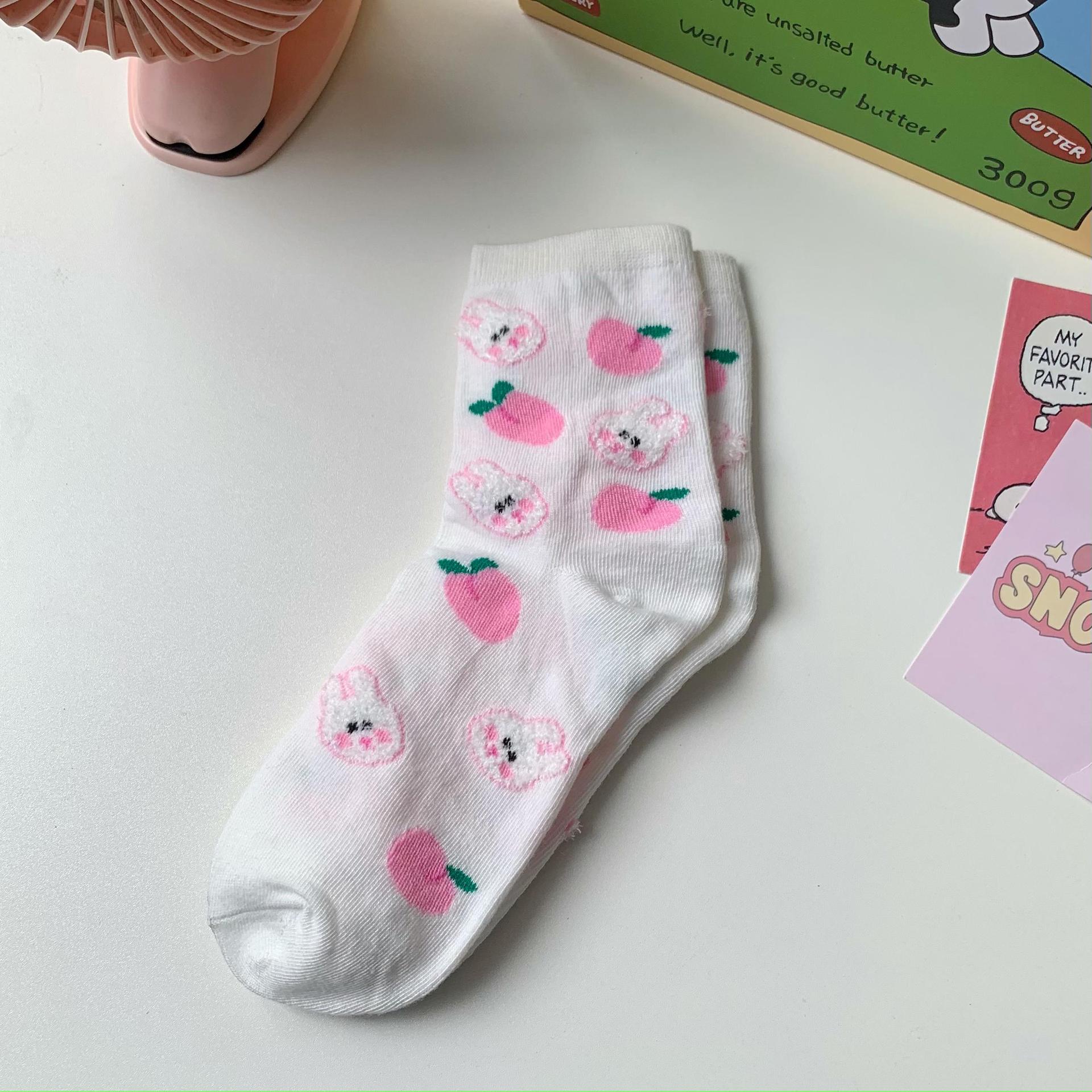 Happy Year Of The Rabbit Socks Bubble Cotton Cute Stacking Socks Little Rabbit Flower Cartoon Medium Tube Socks Cotton Socks Women One size fits all