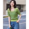 Demana French Style Striped Short Sleeve Knit Top