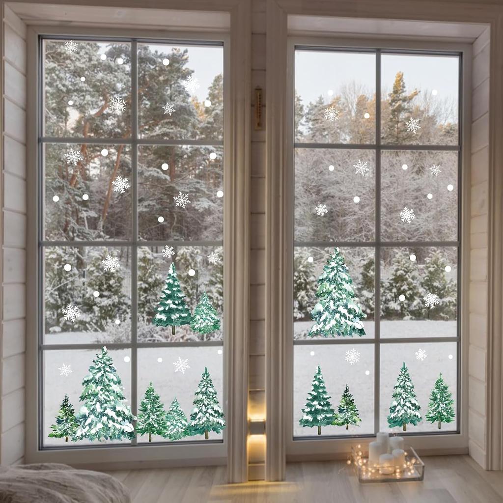 KALEFO 60Pcs Snowy Winter Decor Snow Tree Window Clings Decals Forest Trees White Christmas Decorations Kids Room Window Stickers Xmas Tree Snowflake