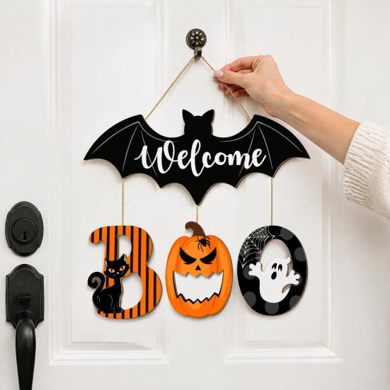 Rustic Wooden Welcome Board Halloween BOO Door Sign, Spooky Bat Hanging Ghost Pumpkin Holiday Party Wall Decoration Black Cat Hanger Ornaments