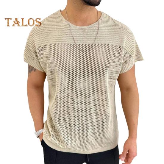 

Мужские топы с круглым вырезом и коротким рукавом, однотонная футболка с вышивкой, трикотажные топы с сетчатым узором L хаки