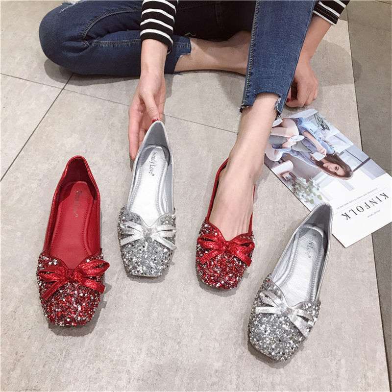 2025 spring new wedding shoes toasting shoes Korean version sequined red four-season single shoes square head large size women's shoes flat shoes
