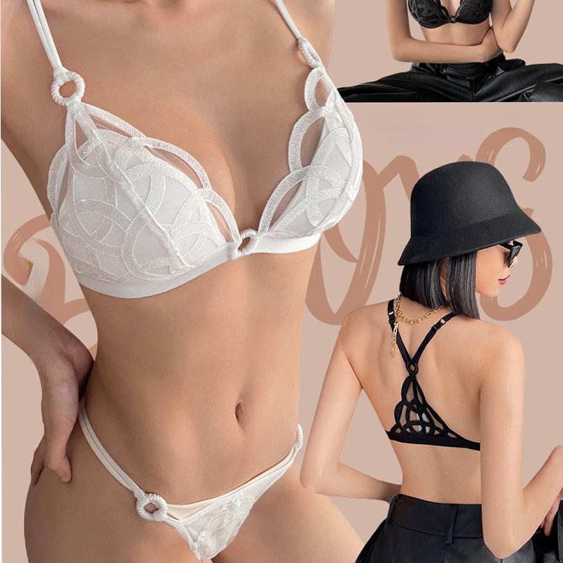 French Sexy Backless Lingerie Lace Ultra Thin Bra Set for Women Summer Triangle Soft Cup Mesh Breathable Brassiere and Thong Set