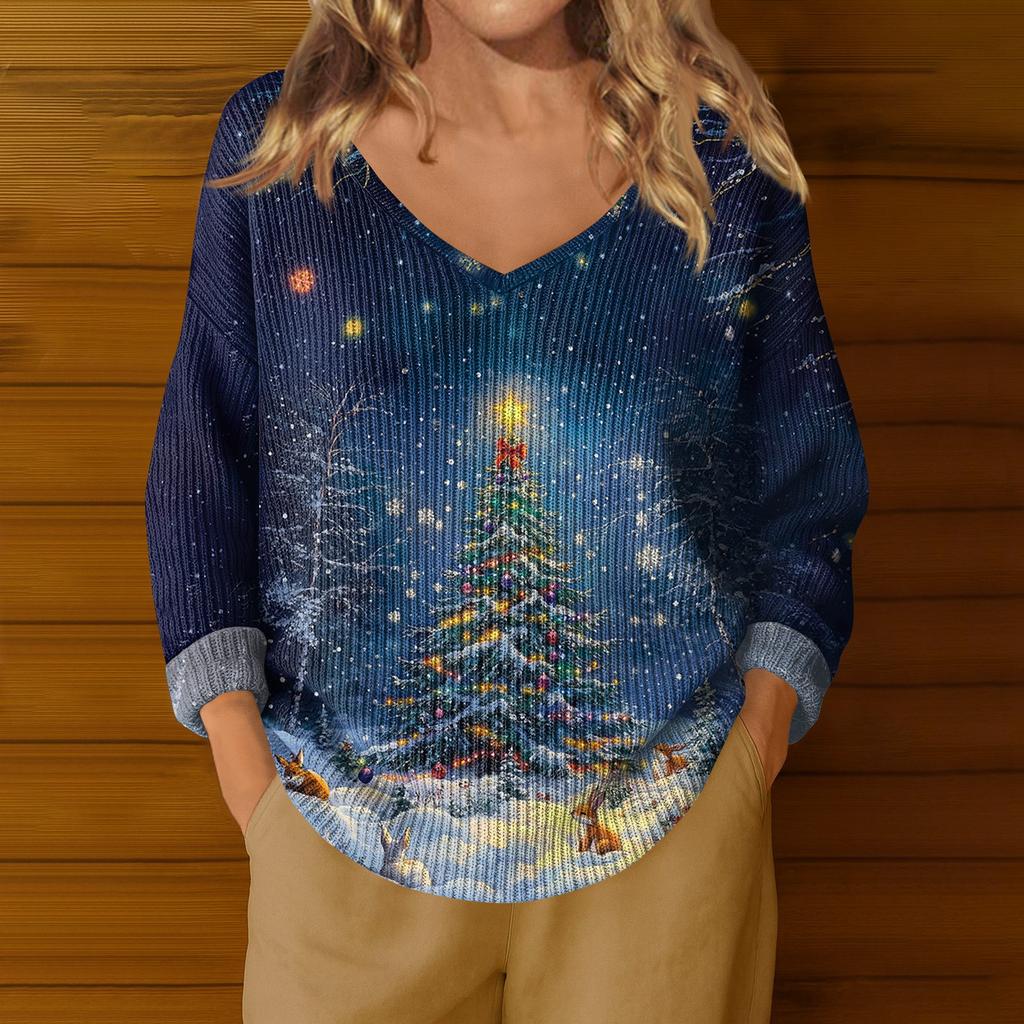 Damenmode Lässig Langarm Weihnachts-Schneeflocken-Druck V-Ausschnitt Oberteil