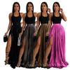 European & American Style High Waist Solid Color Pleated Midi Skirt with Slit for Women