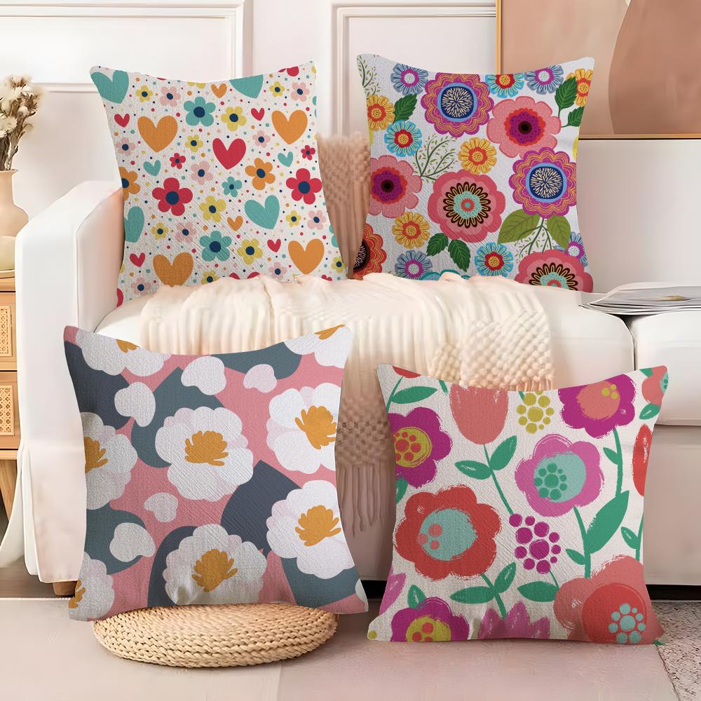 Colorful Flowers Cushion Cover Natural Linen Organic Fabric DoubleSided Printing Sofa Home Decor Breathable Bed Pillow