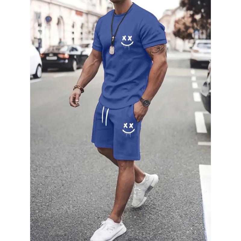 2pcs Men'S Summer Casual Lash Print Outfit Set, Crew Neck Short Sleeve