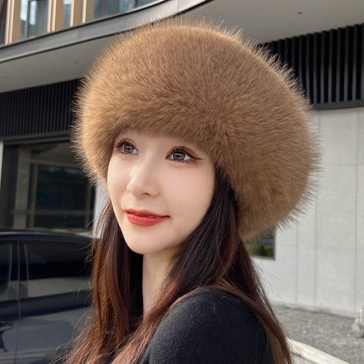 

Fashion Fluffy Fur Women s Winter Hat Warm Ear Protection Snow Ski Cap Female Faux Fox Fur Headband Hat Windproof Russian Hat 55-63cm коричневый