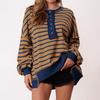 Color Block Long Sleeve Striped Button-Up Casual Sweater for Women - Autumn/Winter