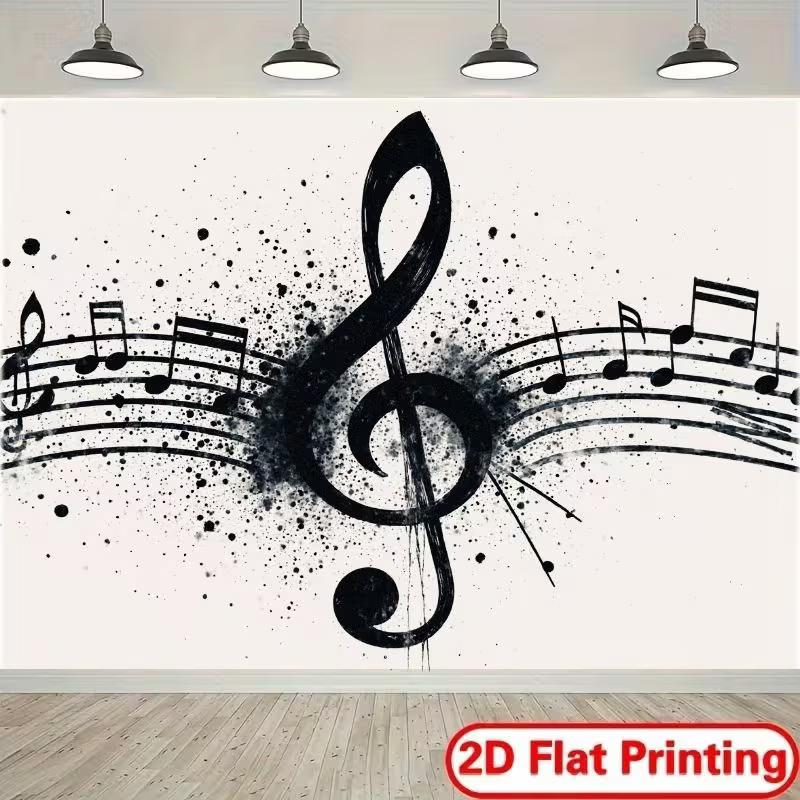 

2D Music Note Backdrop, Black Treble Clef with Staff and Ink Splatter Photography Background Cloth 47.2x31.5inch/120*80cm