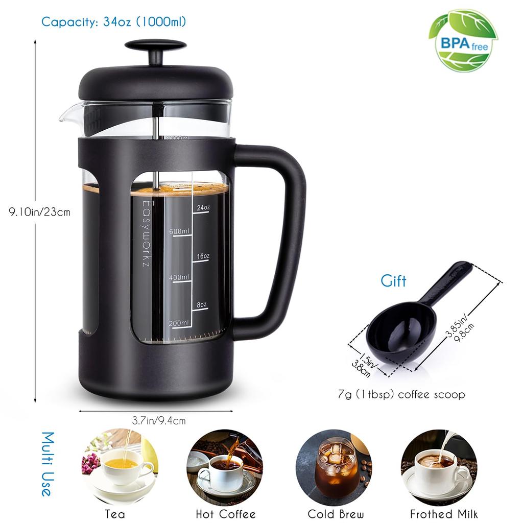 Easyworkz French Press Tepelně odolné sklo Pouze pro kávu a čaj s měkkou rukojetí 1000 ml (8 šálků) Černá