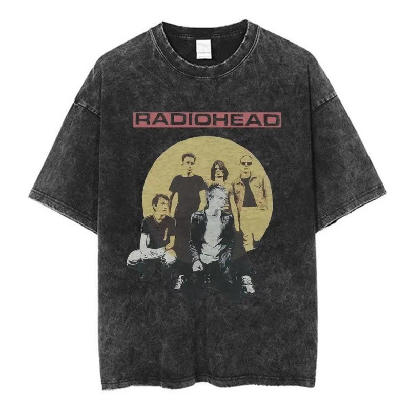 Radiohead OK Computer Vintage Washed TShirt British Rock Band Unisex Hip Hop Streetwear Pure Cotton Fashion Casual Short Sleeve