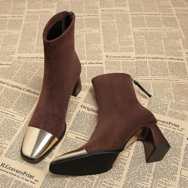 

825-7 Premium White Short Boots Spring and Autumn Skinny Boots Small Ankle Boots 2025 Autumn and Winter Korean High Heels 42 коричневый