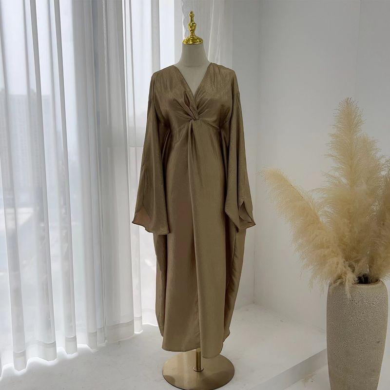 

New Arrival Middle East Elegant V-neck Knot Batwing Sleeve Robe Dress V-Neck Bat Sleeve Dress Gold All yards