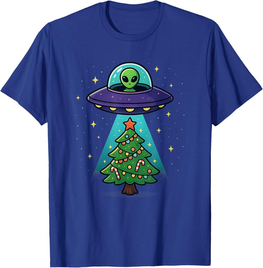 Alien UFO Abduction Christmas Tree Graphic Tee Funny Holiday Casual Cotton T-Shirt