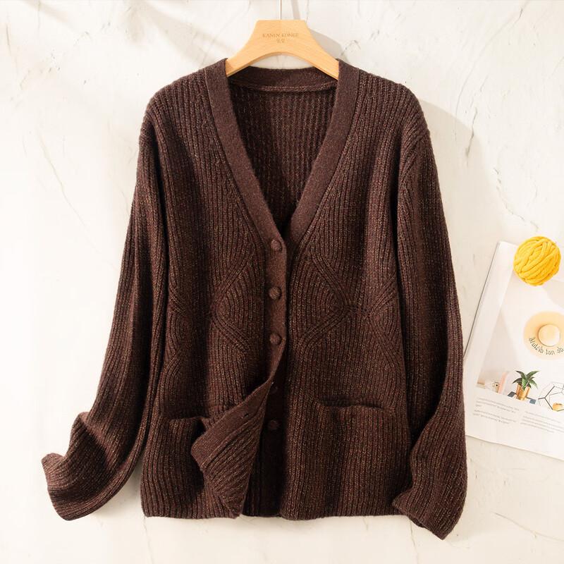 TUHUANG Women's 2025 A/W Pure Wool Thickened Ribbed V-Neck Cardigan Sweater
