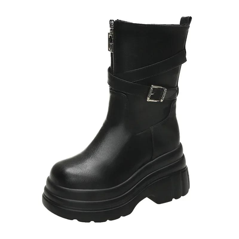 

Модные 9 см платформы массивные ботинки женские высокие каблуки новые 2024 осень середина икры кожаные кроссовки тренд зимние коричневые мотоциклетные ботинки Zapatos 35 чёрный