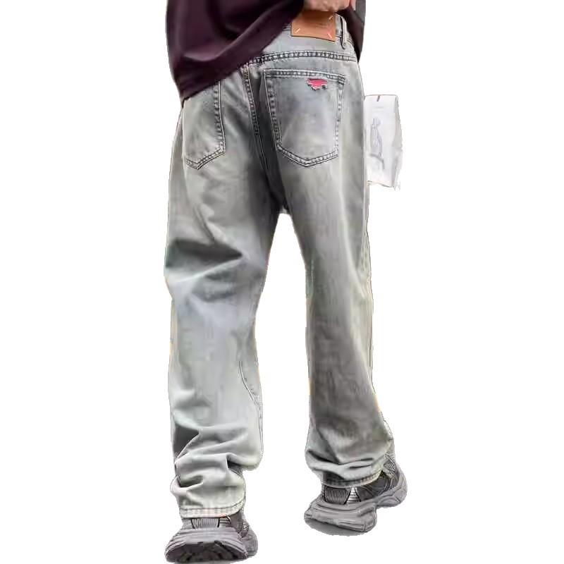 European and American high street vibe pants men and women design sense rough edge ripped beggar jeans straight loose wide leg trousers