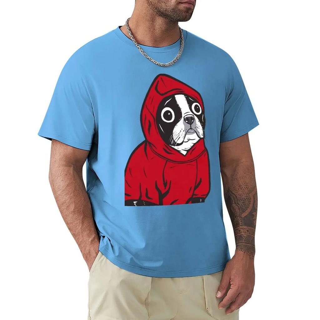 Funny Boston Terrier In A Red Hoodie French Bulldog T-Shirt Men O Neck Pure Cotton T Shirts Funny Dogs Tees Clothing