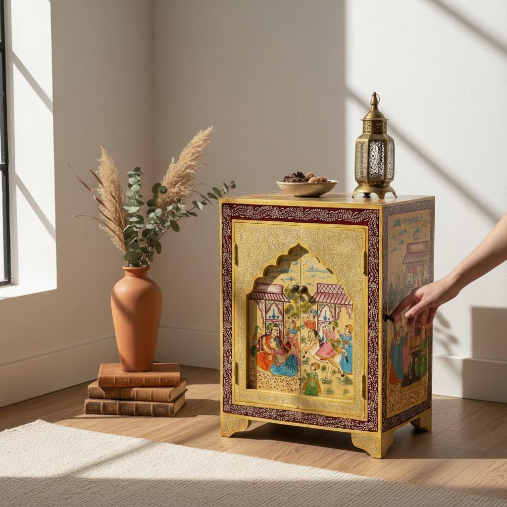 Wooden Bedside | Cabinet Storage Desk With Nightstand Sideboard Cupboard, Wooden Rajasthani Traditional Mughal Art Almirah Home Furniture