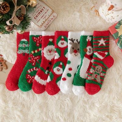 Christmas Gift Socks, New Year Socks, Thick and Cute Coral Fleece Mid-calf Socks for Women, Red Socks, Floor Socks