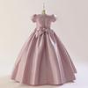 Satin Bow Party Girls Dress Elegant Short Sleeve Pink Bridemaids Princess Kids Dress for Girl Evening Birthday Prom Gown Vestido