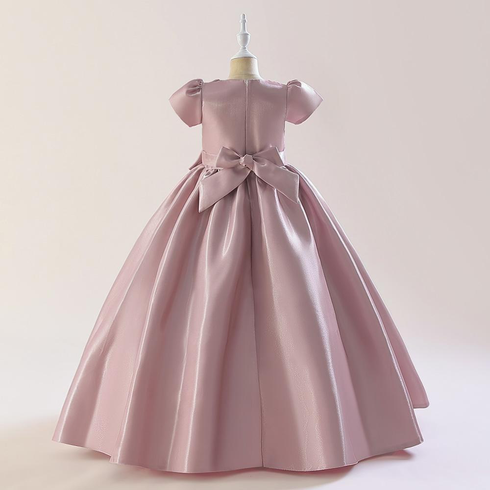 Satin Bow Party Girls Dress Elegant Short Sleeve Pink Bridemaids Princess Kids Dress for Girl Evening Birthday Prom Gown Vestido