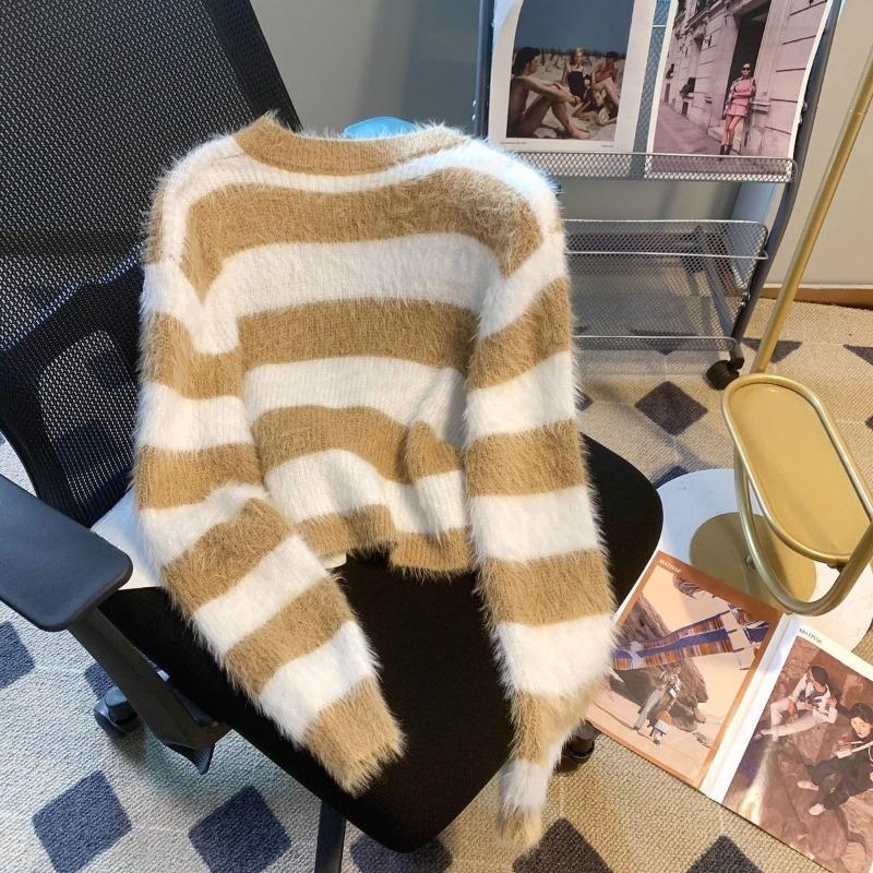 Women's Striped Short Loose Soft Waxy Mink Fleece Knitted Sweater
