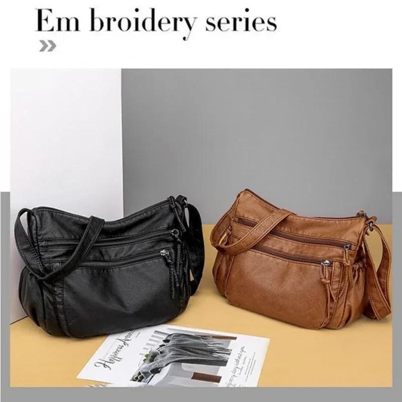 Large Capacity Soft Leather Women's Bag Retro ShoulderBag Simple Crossbody Bag Middle-aged Mom Ladies Messenger Bag