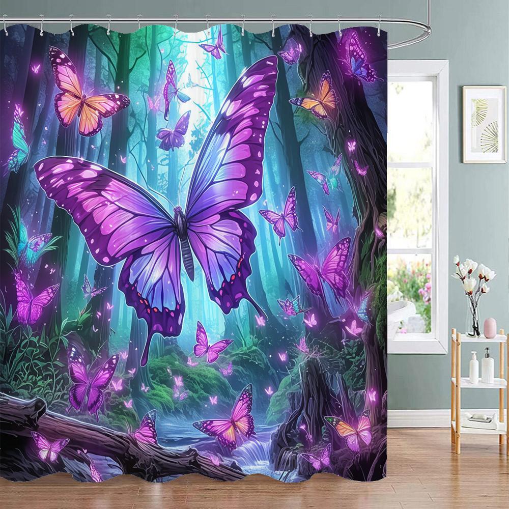 Fairy Tale Forest Beautiful Purple Butterfly Shower Curtain Bathroom Decor Shower Curtain Waterproof Shower Curtain With Hook