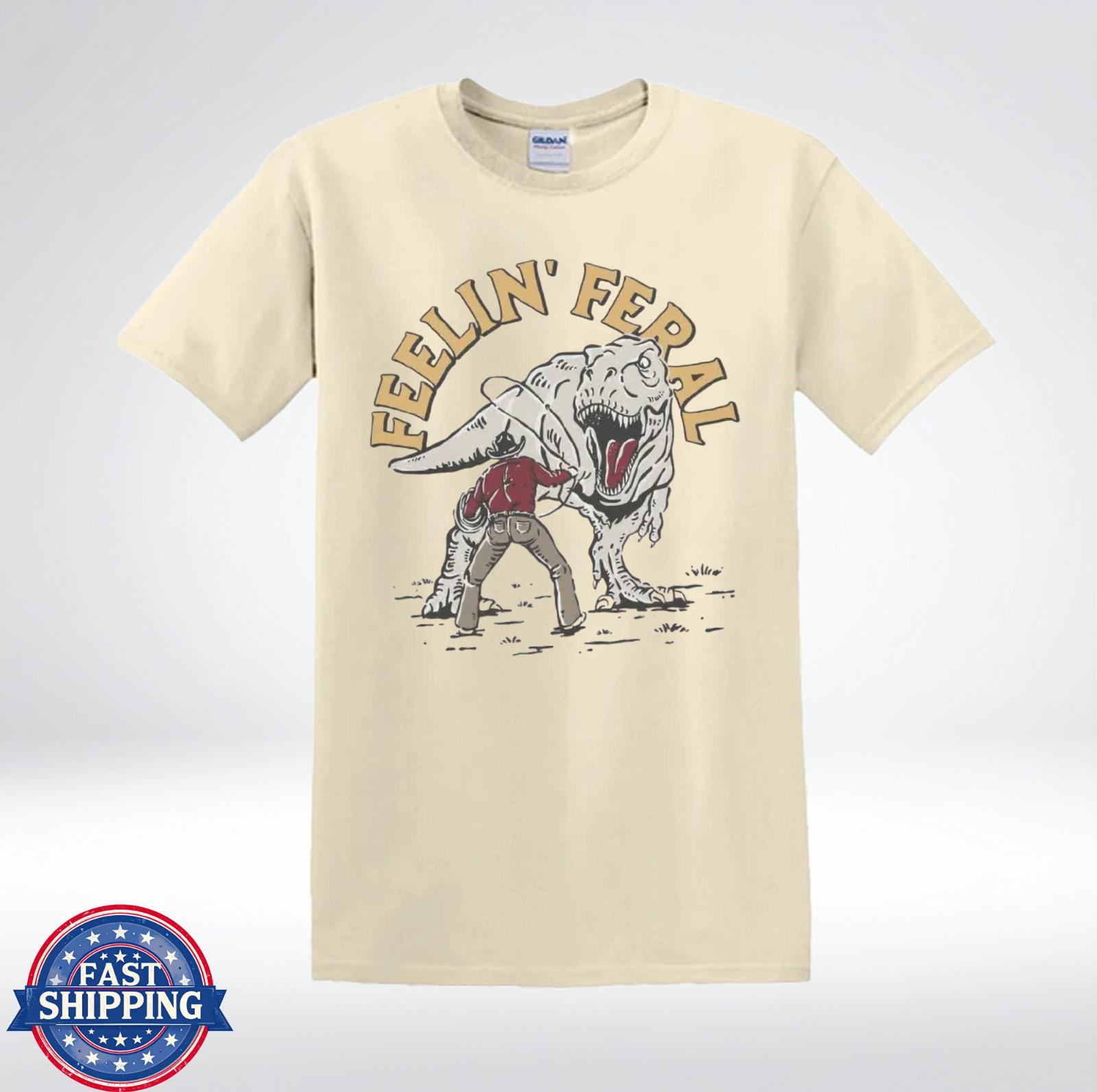 Feelin Feral T Rex Cowboy Shirt Funny Dinosaur Western Graphic Tee T-Shirt S