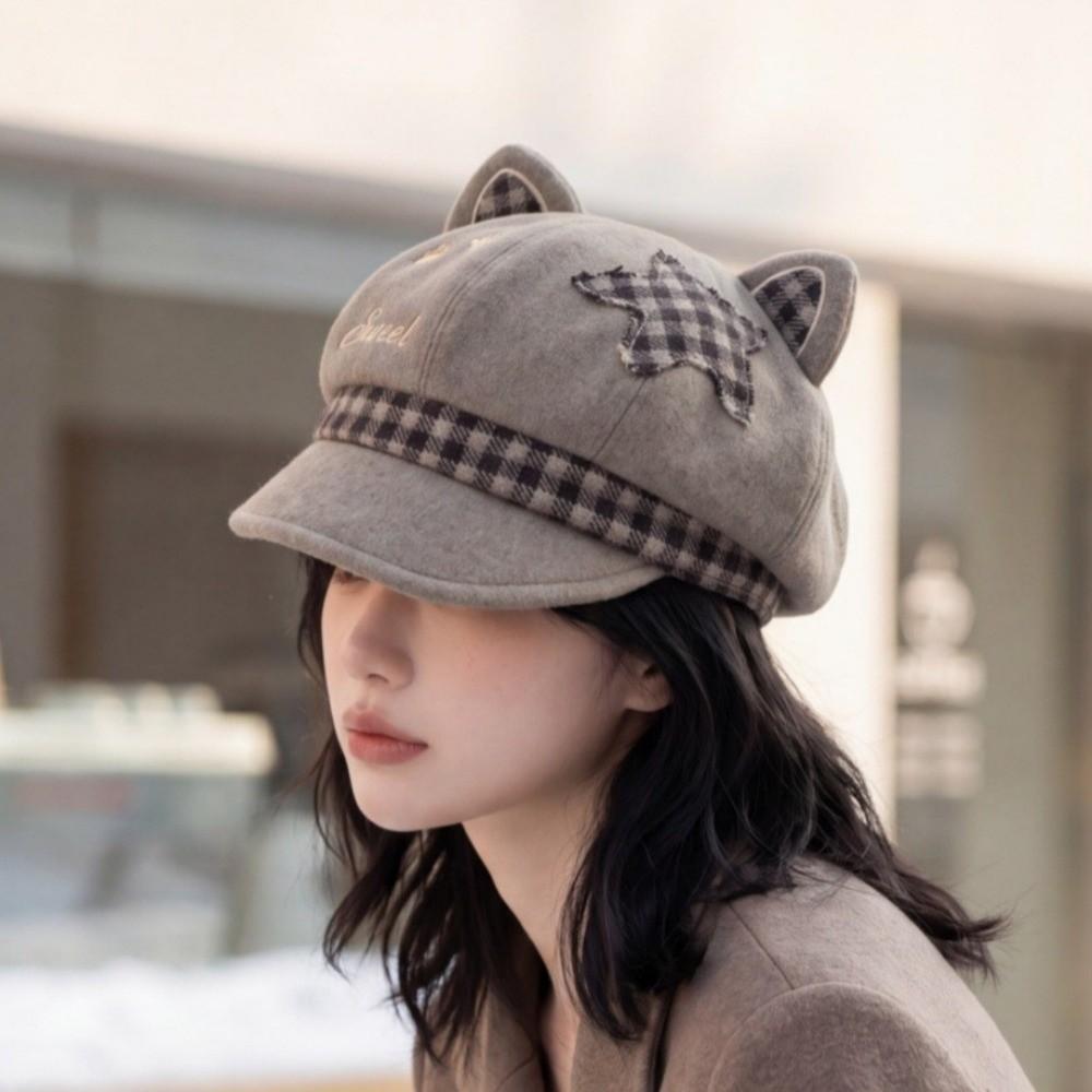 Cat Paw Pattern Women Octagonal Hat Japanese Style Newsboy Hat Casual Cat Ears Beret Cap Women