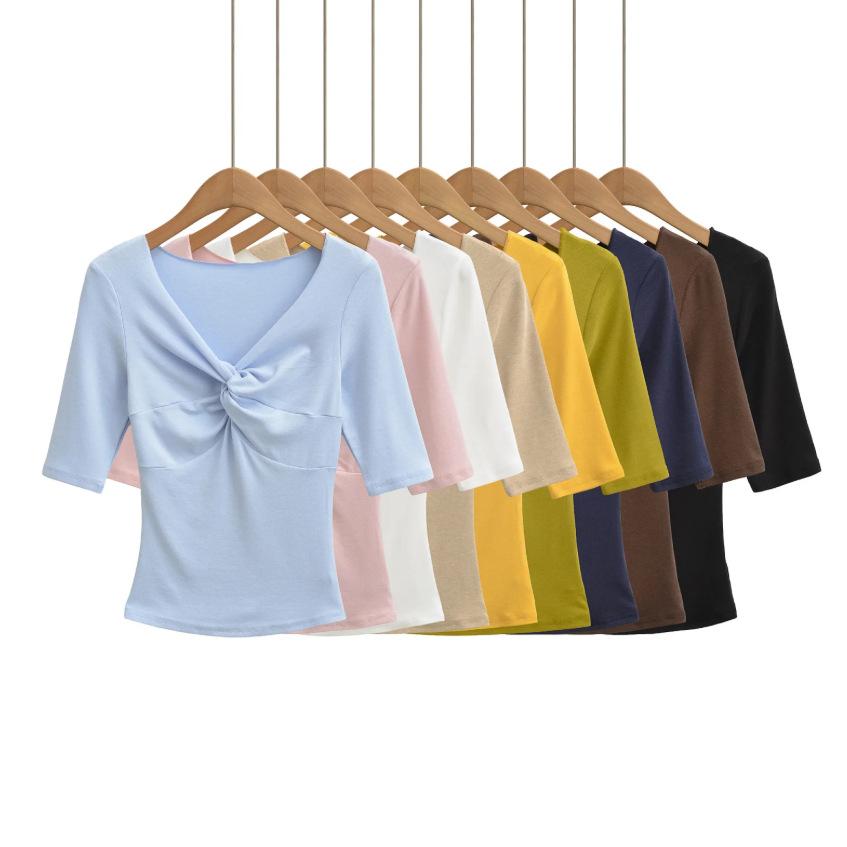 Kink V-neck Medium-sleeved T-shirt Women's Summer New American Spice Girl Style Solid Color Slim-fitting Slim Bottom Top