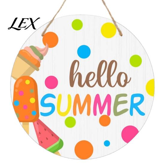 Wooden Hanging Sign Hello Summer Door Sign, Ice Pop Flip Flop Welcome Hanger, Front Plaque Farmhouse Wreath for Home Porch Decor Coastal Style Wall