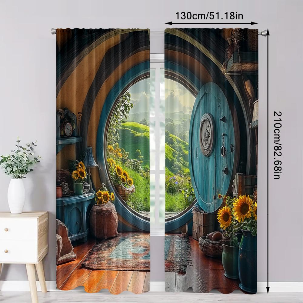 2pc, Party Window Curtains Charming Hobbit Hole Polyester,Without Electricity Festive Wall Decor Applies to Classroom