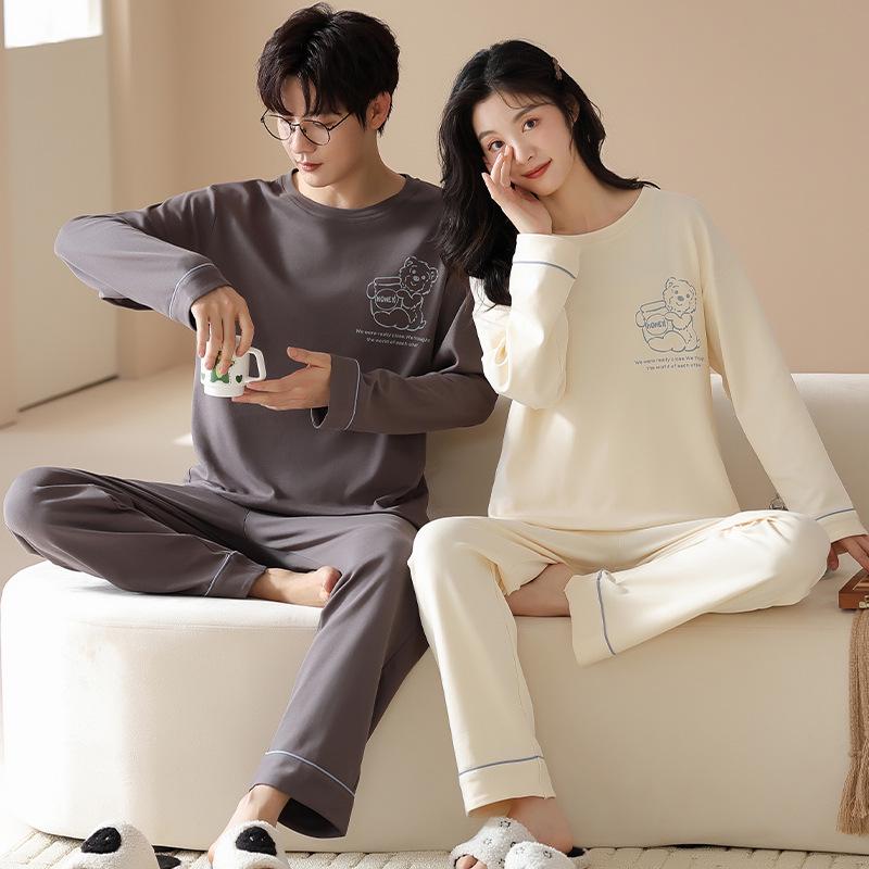 Women's Cute Cartoon Couple's Pajamas Set - Spring/Autumn Long Sleeve Round Neck Pure Cotton Home Wear