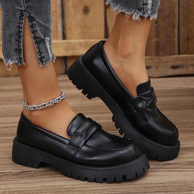 Rimocy Einfarbige Plateau-Loafers Schuhe für Damen Frühling Neu Schwarz PU-Leder Ballerinas Frau Bequeme Slipper Bootsschuhe