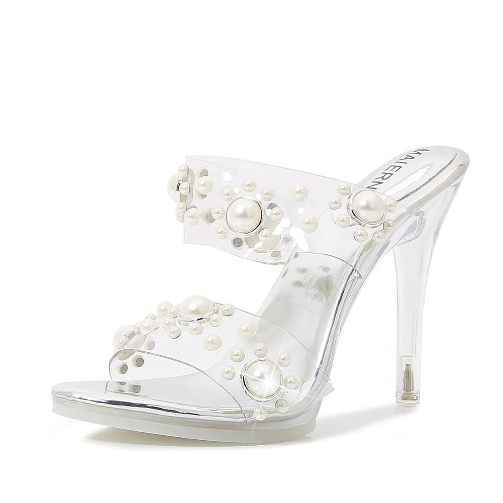 

Новые сексуальные прозрачные туфли на высоком каблуке, женские туфли на тонком каблуке, сандалии с жемчугом и стразами, с юбкой, темпераментные, Muse Fan 43 серебряный