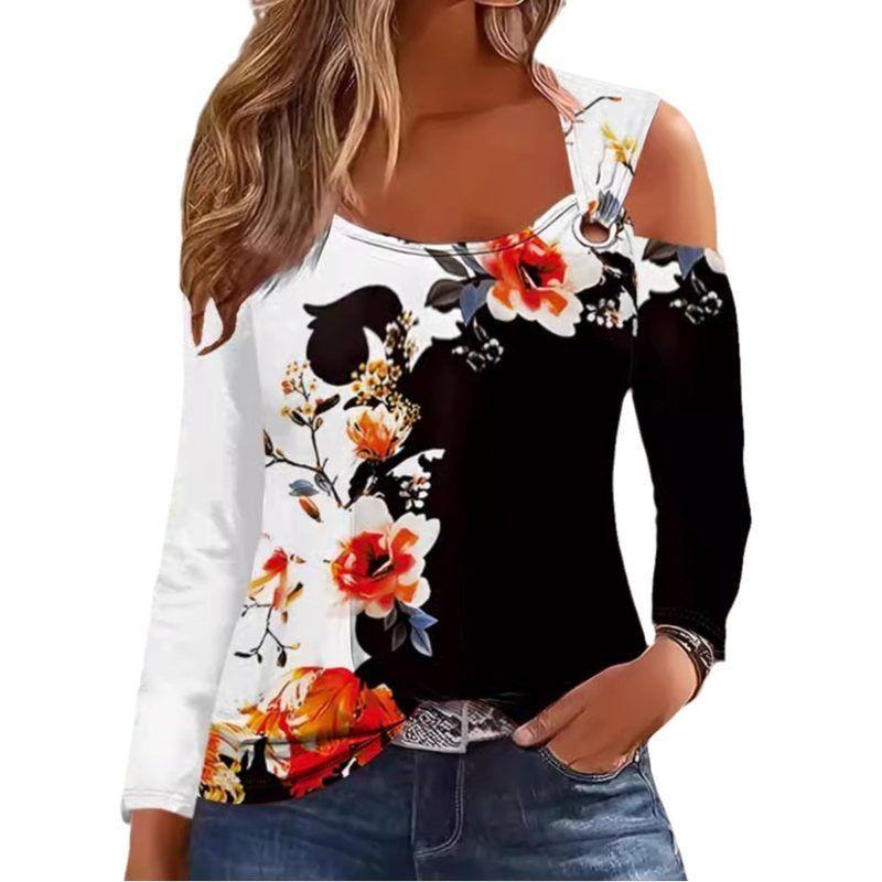 Fall and Winter European and American Amazon Temu Independent Station Cross-Border New Arrival Casual V-neck Metal Buckle Long Sleeves Print T-shirt